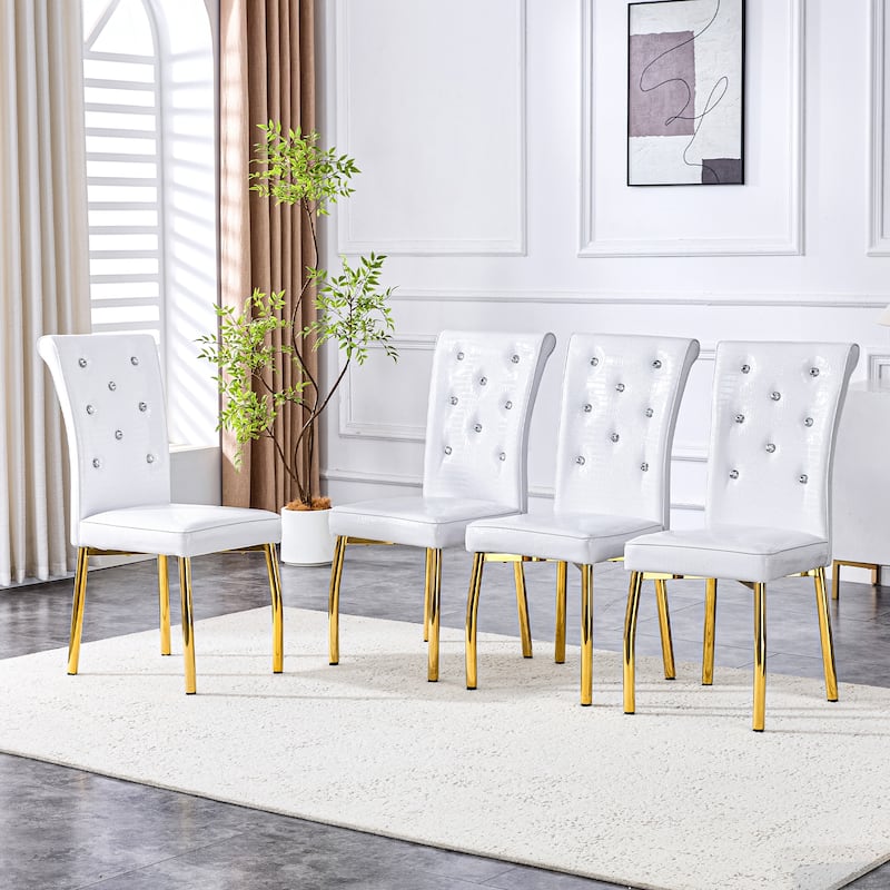 Set of 4, Retro alligator skin Upholstered dining chairs,with Crystal buckle design and Faux Leather design - White+Gold