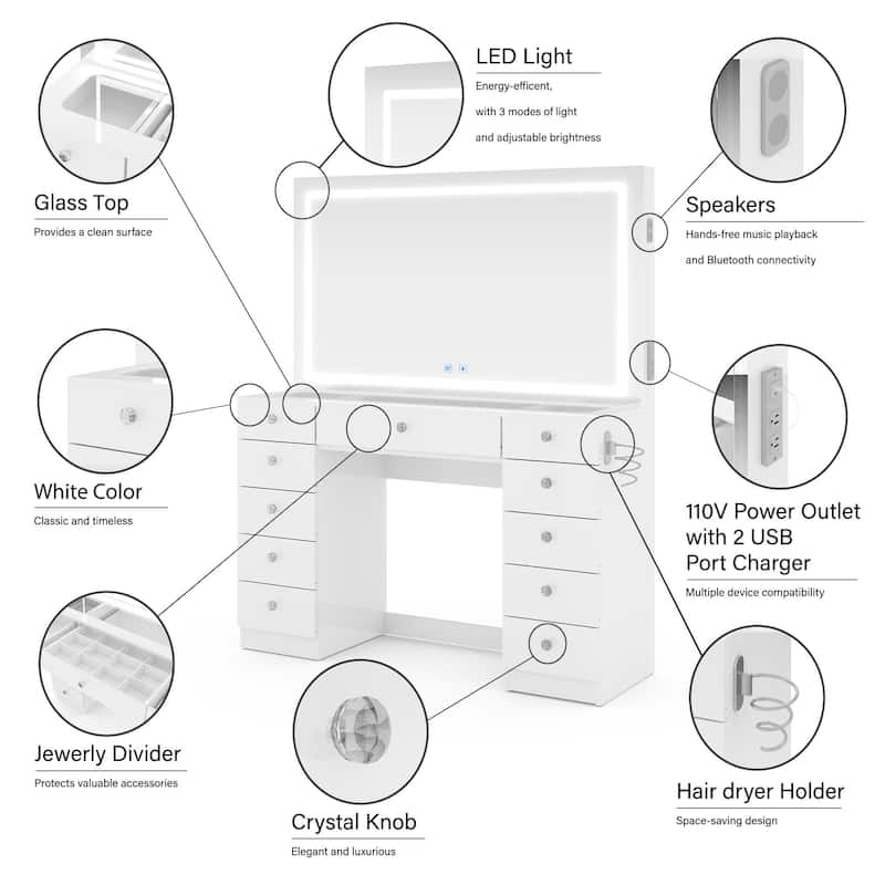 Boahaus Premium Makeup Vanity Desk Full-Width LED Mirror, Bluetooth Speakers 11 Drawers