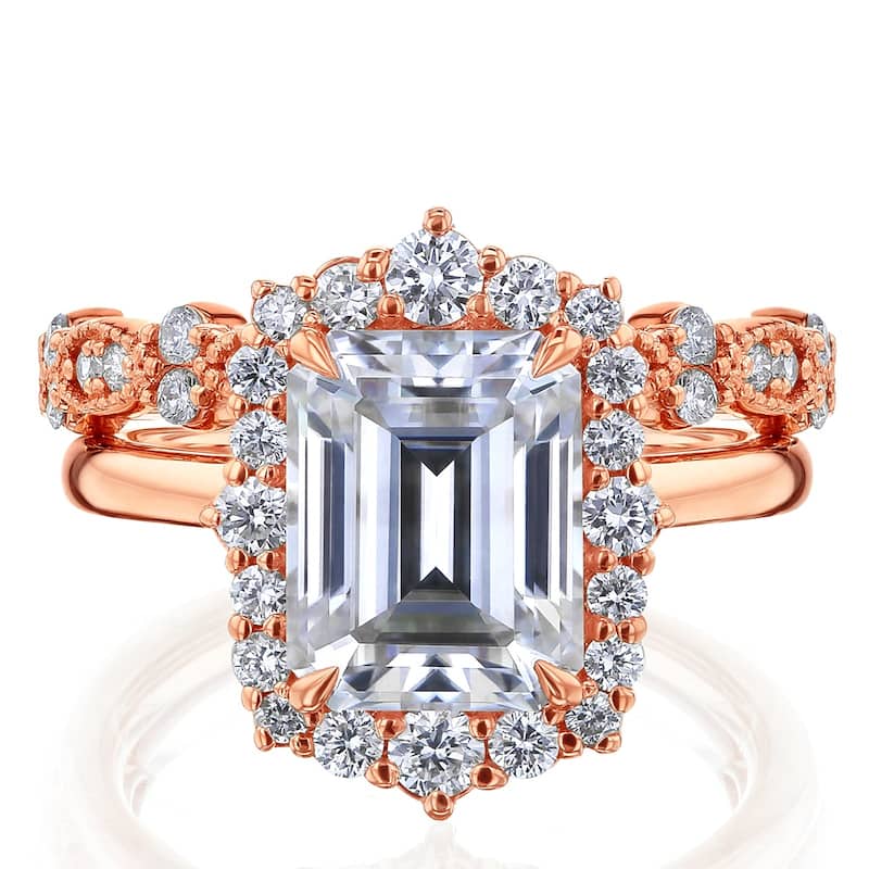 Kobelli 3.5 Carats Emerald Diamond 14k Solid Gold Rococo Halo Vintage Style Eilish Bridal Rings 2pc Set (DEF/VS, Certified) - 6 - Rose