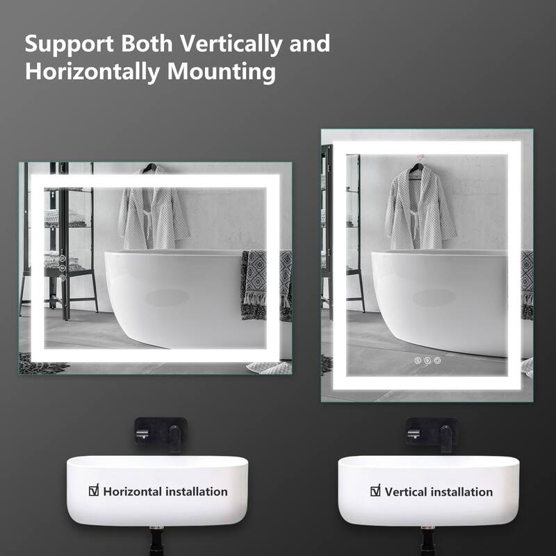 LED Bathroom Vanity Mirror Wall Mounted Dimmable Anti-Fog Mirror with 3 Buttons Vertical & Horizontal Hang