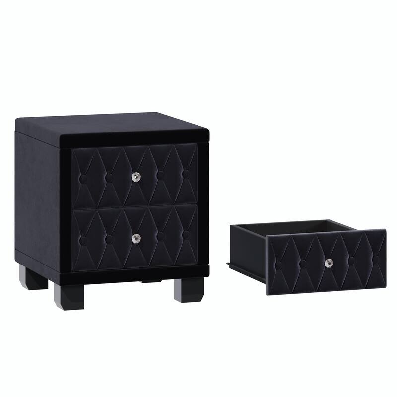 Velvet Nightstand with 2 Drawers and Crystal Handles