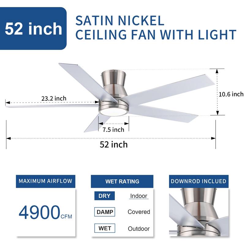 YUHAO AeroLite 48 in. Indoor White Low Profile Standard Ceiling Fan with Bright White Integrated LED Light Kit, Remote Included