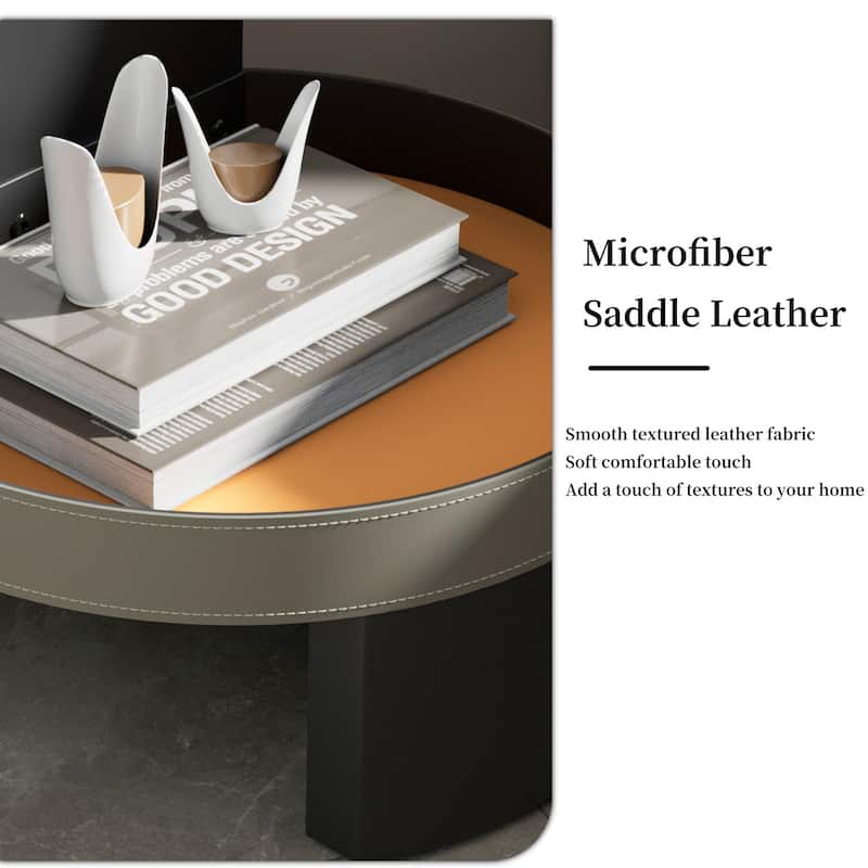 2-Tier Round Side Table Tempered Glass Top Handicraft Saddle Leather Basket