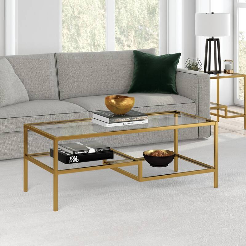 45" Contemporary Rectangular Glass Coffee Table with 2 Storage Shelves for Living Room - 45"L x 22"W x 17"H