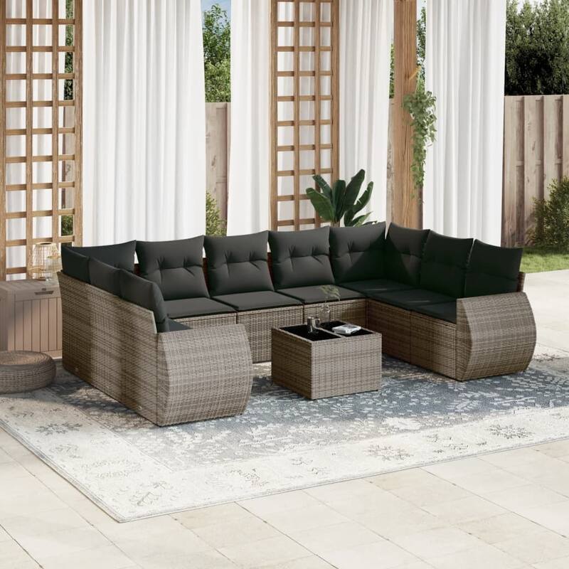 vidaXL Patio Sofa Set with Cushions Outdoor Conversation Furniture Poly Rattan - Gray with table - 21.7 x 21.7 x 14.6