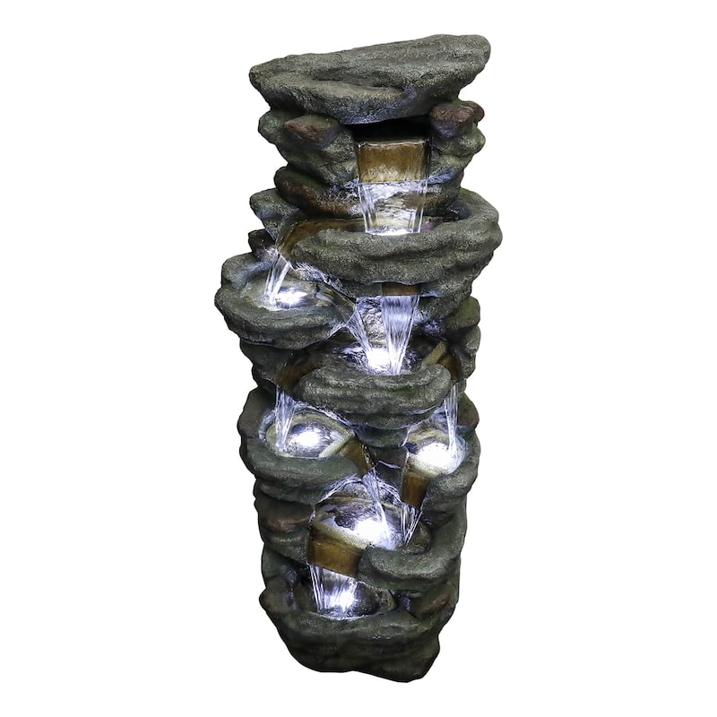 51in H Outdoor Water Fountain, 7-Tier Rock Waterfall Fountain for Home