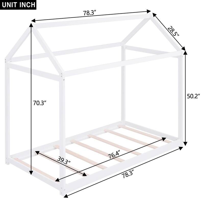Solid Pinewood Twin Size House Shaped Floor Bed Frame with Roof Design