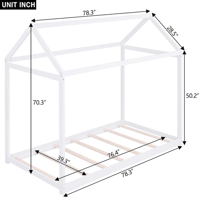 White Twin Wooden House Bed for Kids, Durable Pine Wood, No Box Spring Required