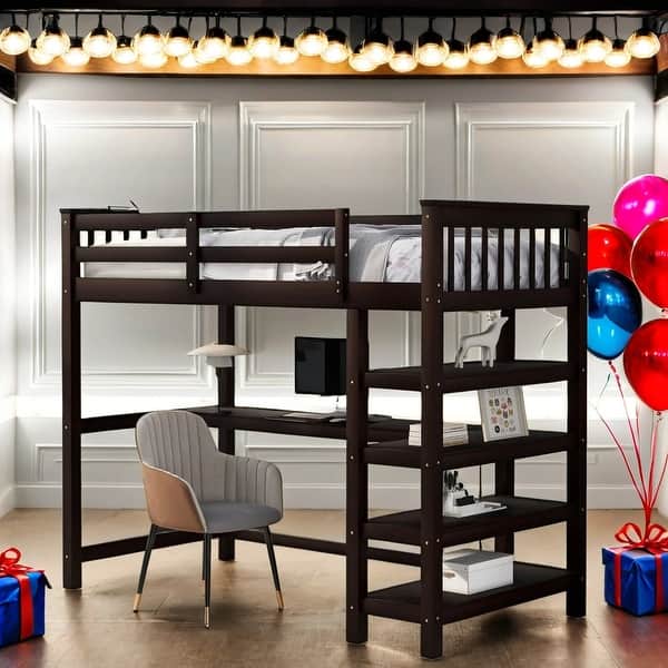 slide 2 of 11, Twin Size Loft Bed with Workstation, Desk and Shelves for Bedroom, Dorm Espresso