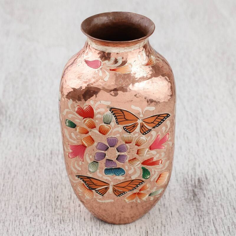 Handmade Butterfly Dance Copper vase (Mexico)
