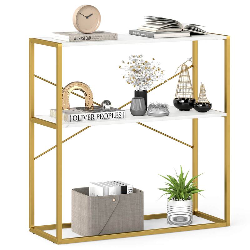 Costway 36” Console Table with Wooden Textured Open Shelves & Metal - See Details - White