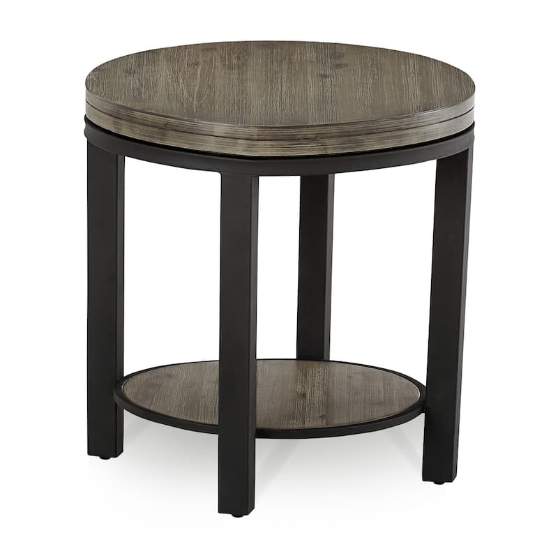 Cyon 24 Inch Round Side End Table, Black Metal Frame, Gray Wood, Open Shelf