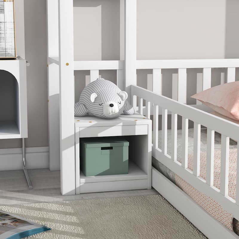 House-Style Headboard Floor Bed with Fence Guardrails