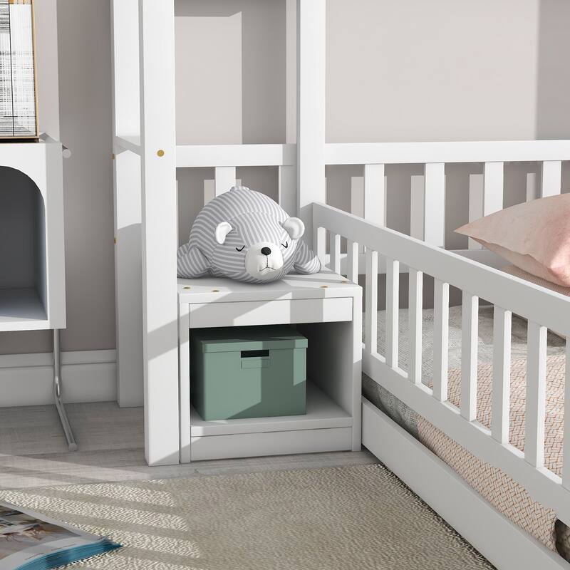 Twin Size House-Style Headboard Platform Bed with Guardrails and Stand