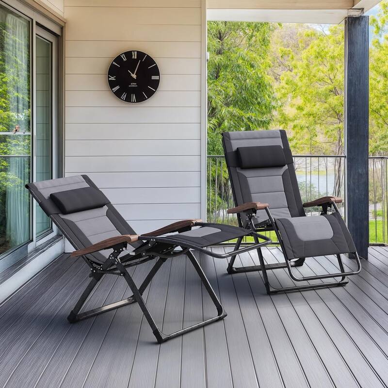 PURPLE LEAF Patio Chaise Lounge Outdoor Beach Pool Sunbathing Lawn Lounger Recliner Chair - Black&Grey,Oversized-Set of 2
