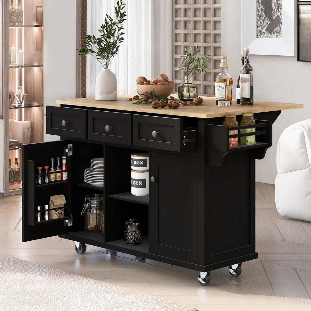 Kitchen Cart with Rubber wood Drop-Leaf Countertop ,Cabinet door internal storage racks,Kitchen Island on 5 Wheels