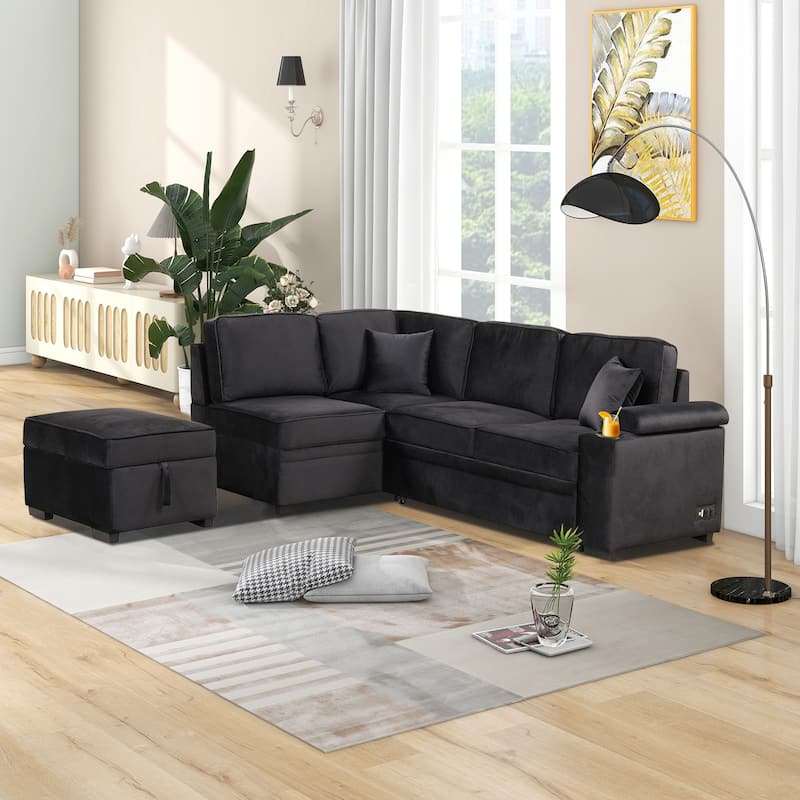 84.75'' L-Shaped 5-Seat Sectional Sleeper Sofa Bed with Storage Ottoman and Pull-Out Feature, Perfect for Living Room - Black