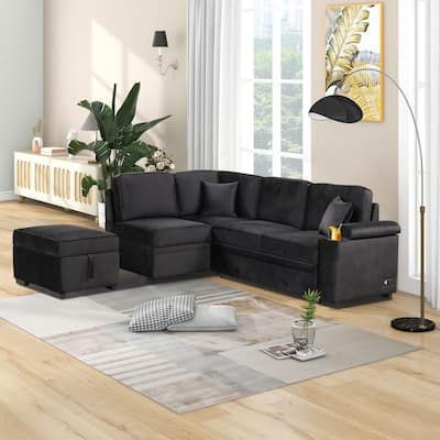Black 84.75'' L-Shaped 5-Seat Sectional Sleeper Sofa Bed with Storage Ottoman and Pull-Out Feature, Perfect for Living Room