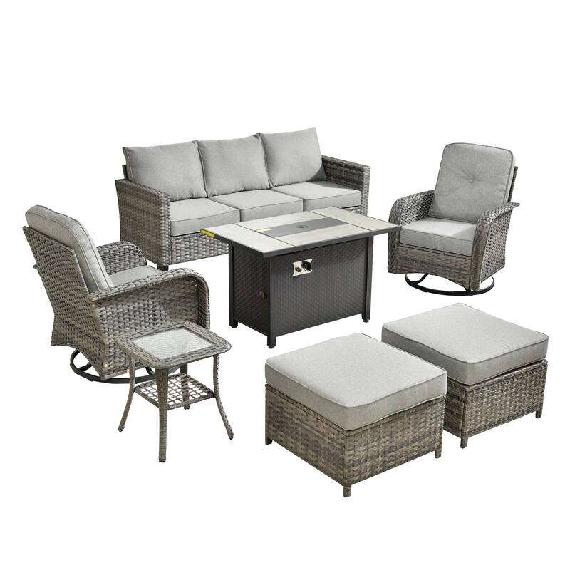 OVIOS 7-piece Patio Wicker Swivel Rocking Chair Set With Fire Pit