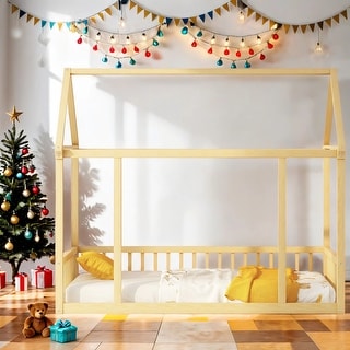 Twin Size Floor Wooden House Bed with House Roof Frame and Safety Guardrails