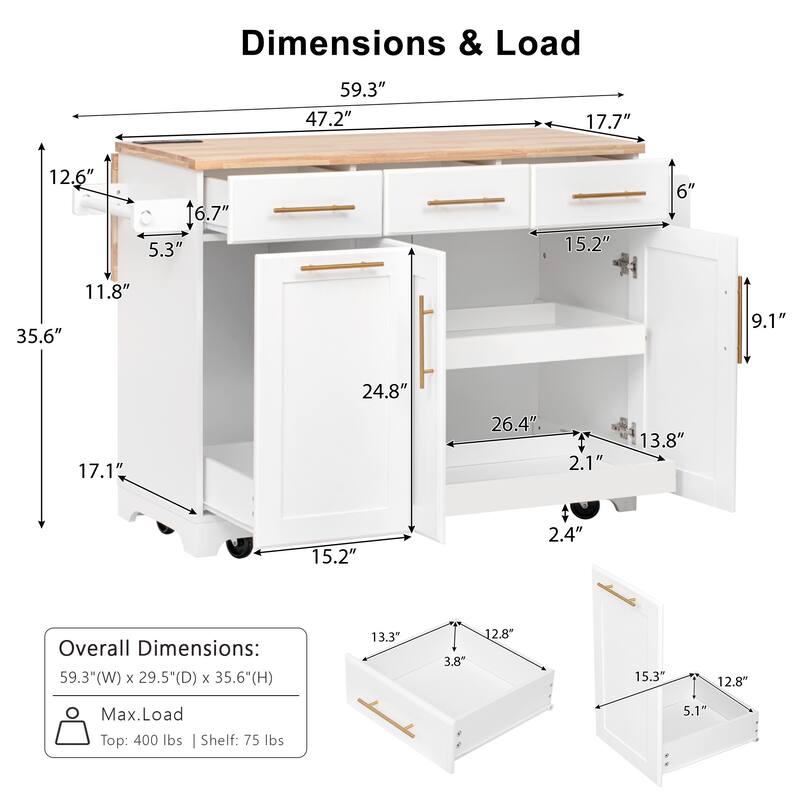 59.3" Rolling Kitchen Island with Storage 2 Pull Out Cabinet Organizers & Rubber Wood Drop Leaf,Trash Can Storage,Power Outlet