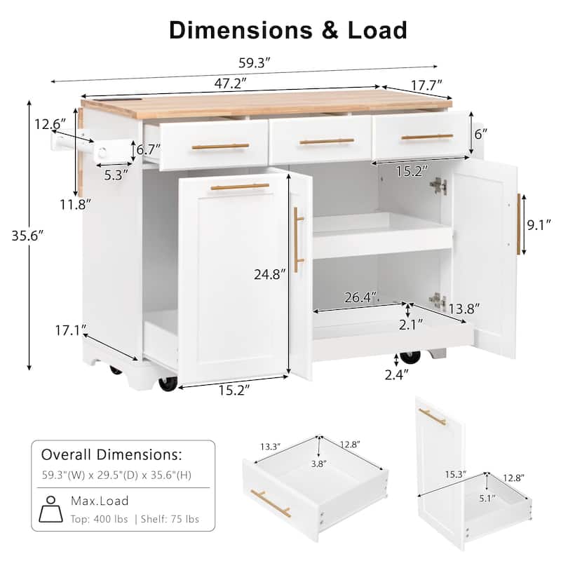59.3" Rolling Kitchen Island with Storage and Pull-Out Organizers Rubber Wood Drop Leaf Rolling Design for Versatile Use