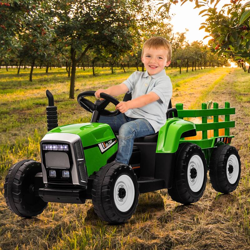 12V Kids Electric Tractor w/Remote Control Treaded Tires,Battery Powered Ride On Tractor with Trailer & 2+1-Gear-Shift