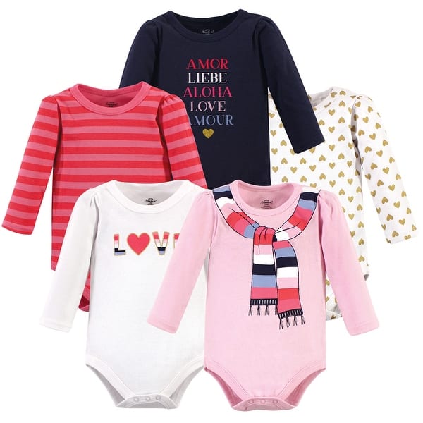 slide 1 of 1, Little Treasure Baby Girl Cotton Long-Sleeve Bodysuits 5pk, Cozy Scarf 0-3 Months - Cozy Scarf