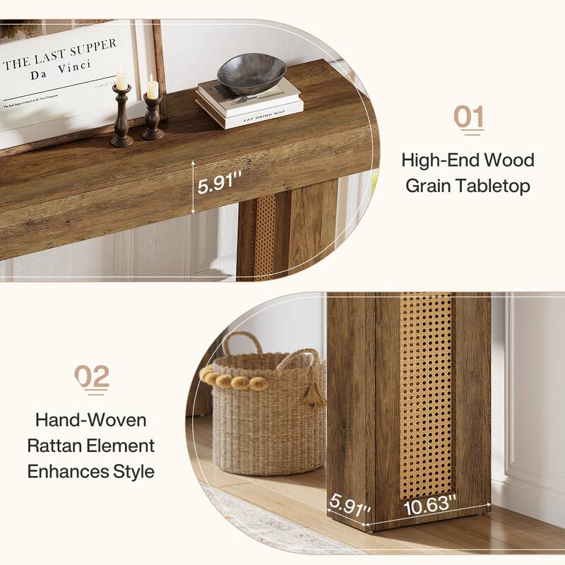 63-Inch Rattan Console Table for Entryway, Sofa Table Entry Accent Table for Hallway, Entrance
