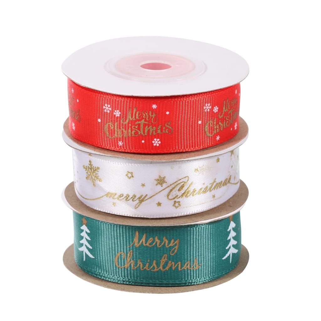 3 Roll Christmas Ribbons Grosgrain 10 Yards Christmas Tree Snowflake Pattern