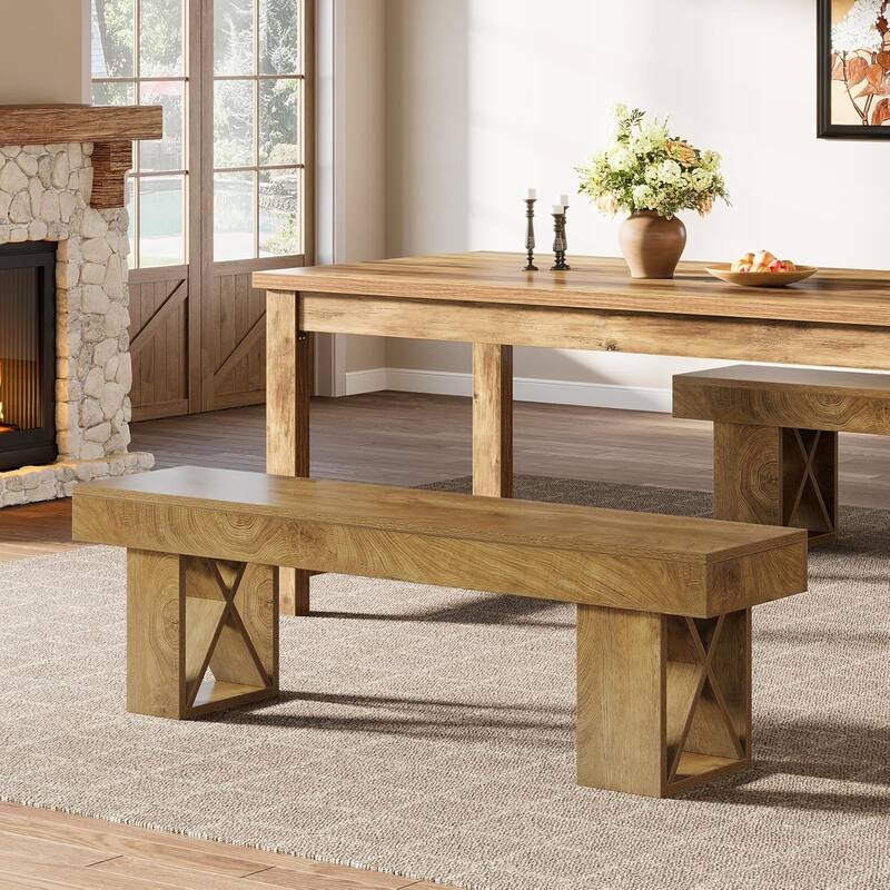 55-Inch Extra Long Dining Bench, Farmhouse Wooden Entryway Bench, Indoor End of Bed Stool for Dining Room, Bedroom, Hallway