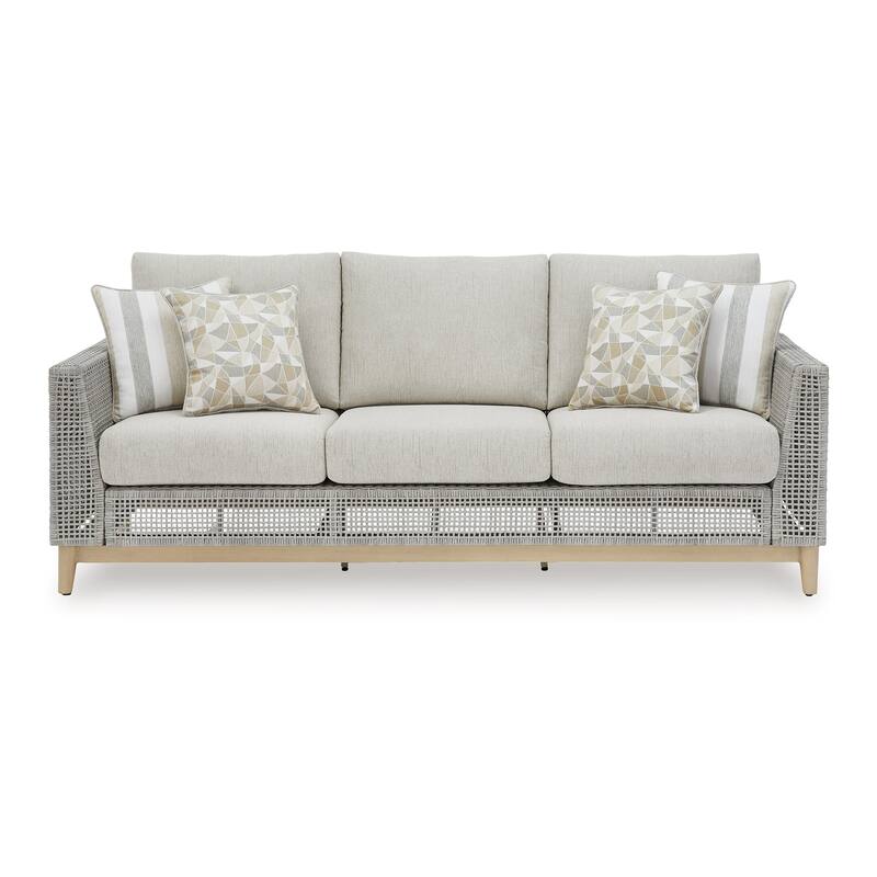 Yami 83 Inch Outdoor Sofa, 4 Accent Throw Pillows, Gray Resin Wicker