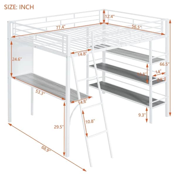 dimension image slide 0 of 2, Full Loft Metal Bed with 3 Layers of Shelves and Desk,Maximized Space,Black