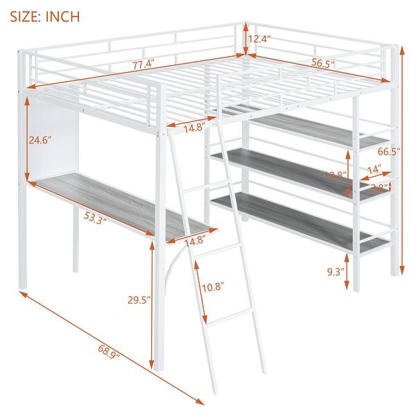 dimension image slide 0 of 2, Full Size Loft Metal Bed with 3 Layers of Shelves and Desk, Black