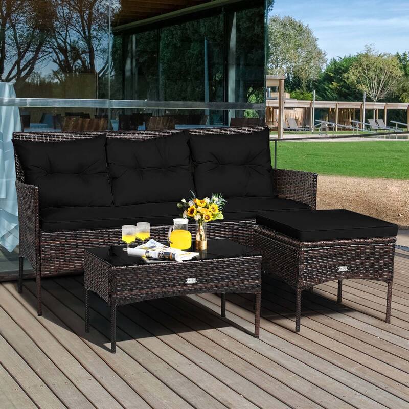 Costway 3PCS Patio Rattan Furniture Set 3-Seat Sofa Cushioned Table - See details - Black