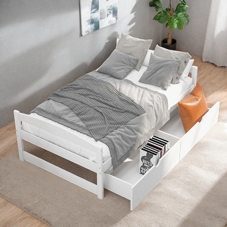 Twin Platform Kids Bed with 2-Drawers, Space-Saving Pine Wood Frame, White