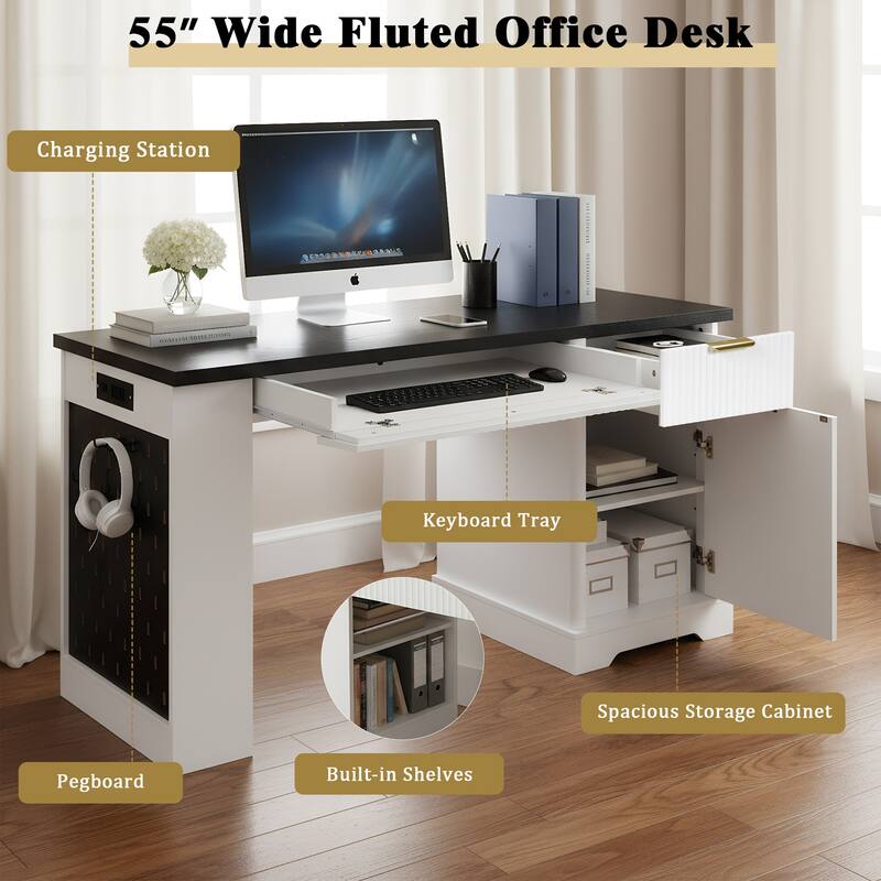 55" Modern Fluted Office Desk with Storage Cabinet & Drawers, Computer Writing Desk with Power Outlet, Pegboard