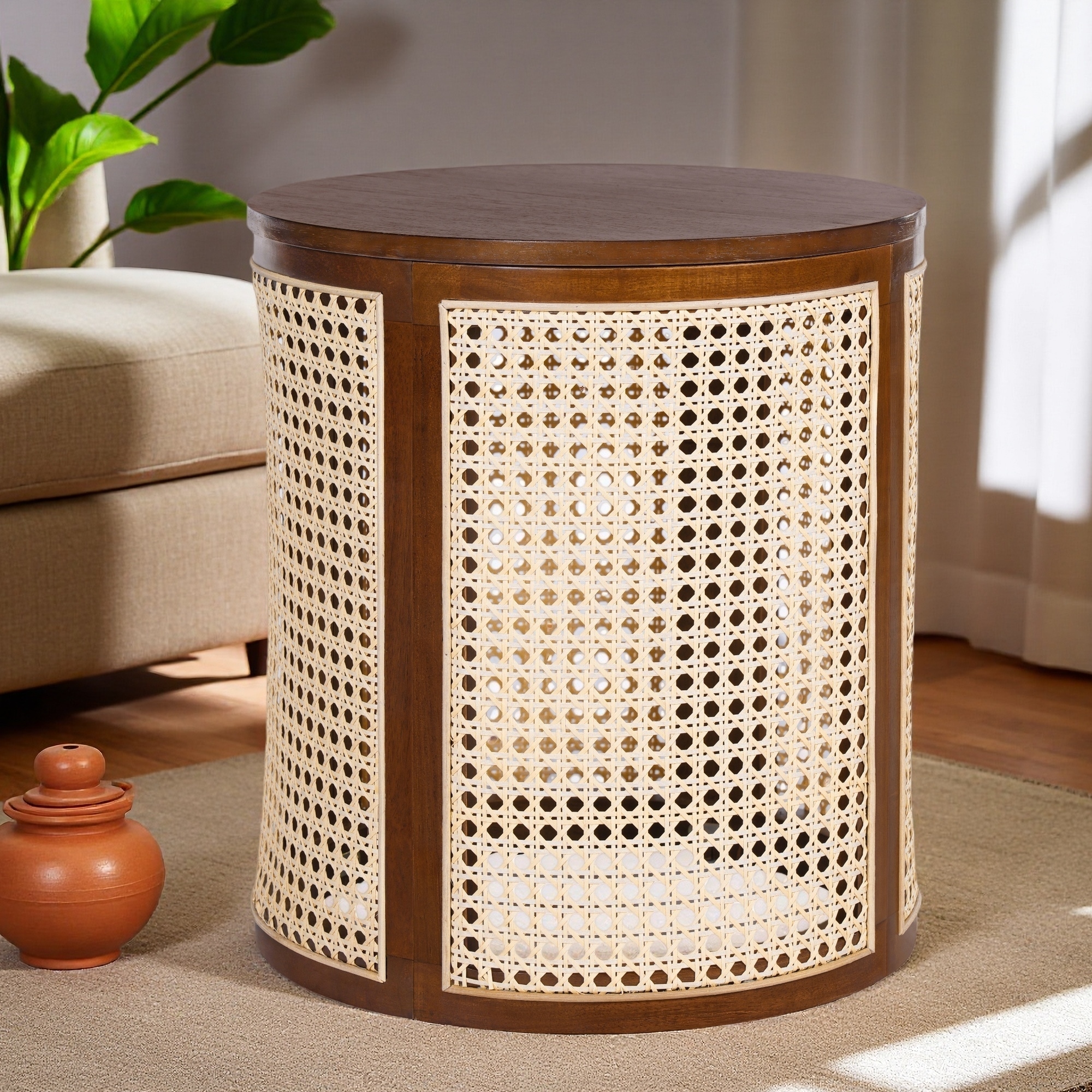 15.7" Round Rubber Wood End Table with Hollow Rattan Woven Design, Small Nightstand, Chic Home Decor, Easy Assembly