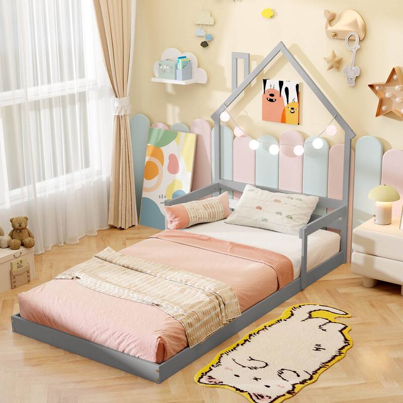 Costway Twin Size Floor Bed for Kids with Chimney Headboard & Handrail