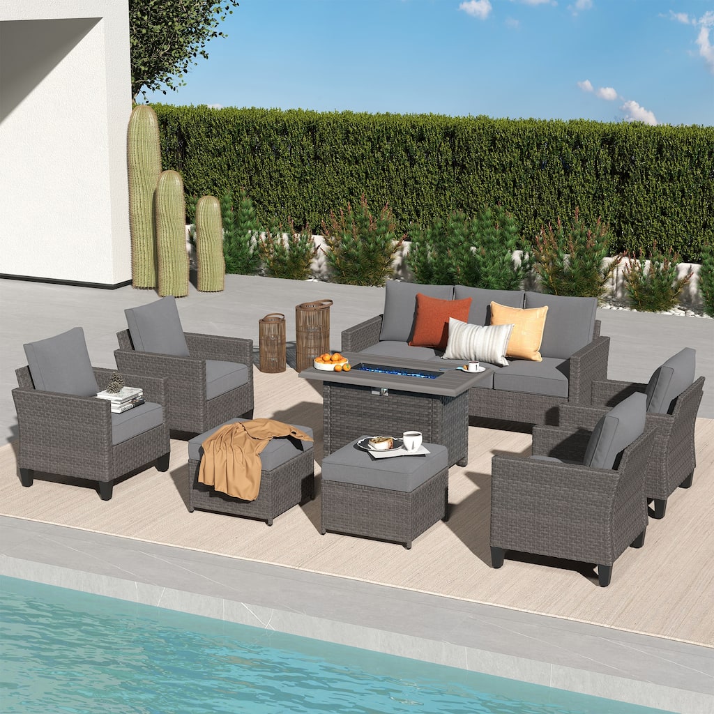Patio 8-piece Wicker Sectional Sofa Set with Fire Pit