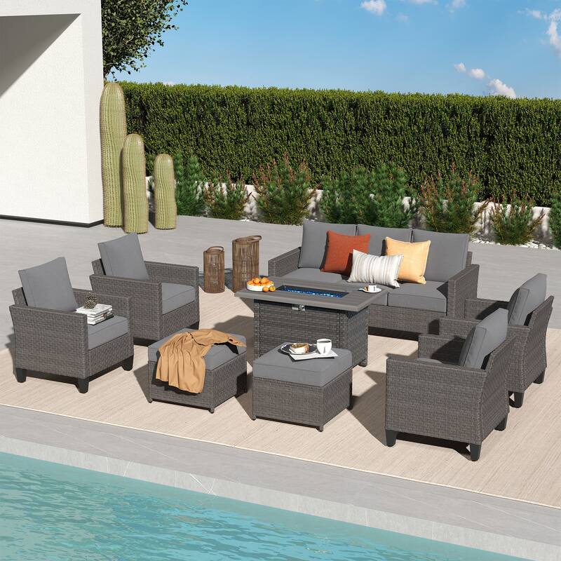 Patio 8-piece Wicker Sectional Sofa Set with Fire Pit - Grey