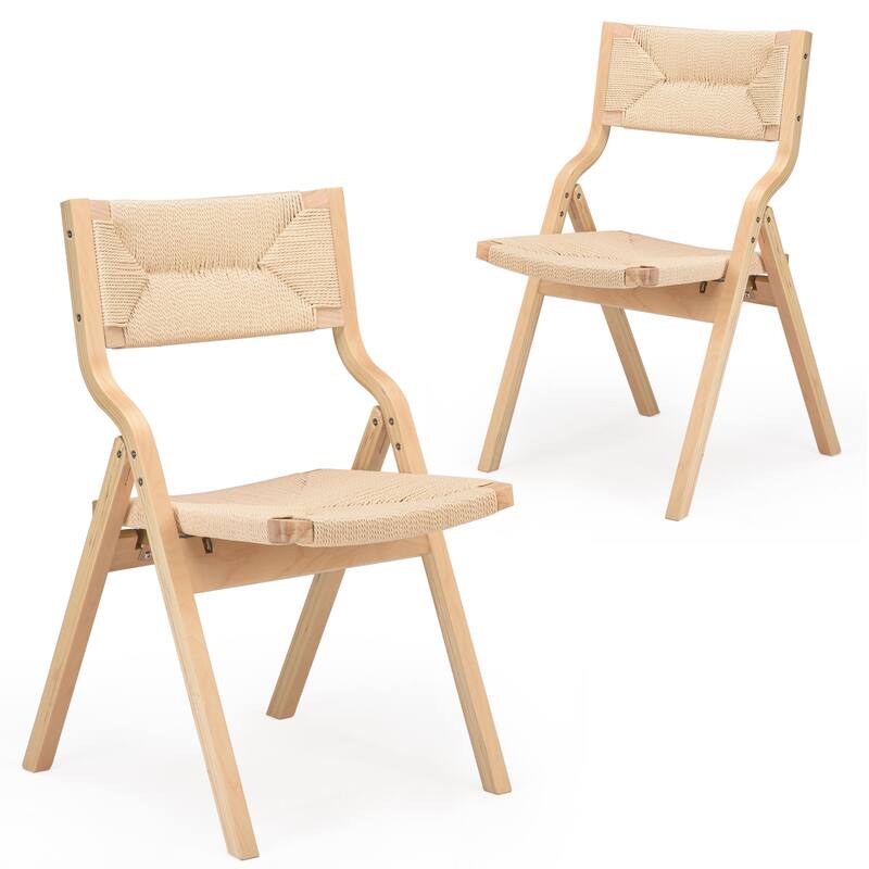 Wood Folding Chairs, Foldable Chairs Wooden Stackable Dining Chairs with Woven Seat & Webbing Back, Dining Chair Set of 2 - Natural