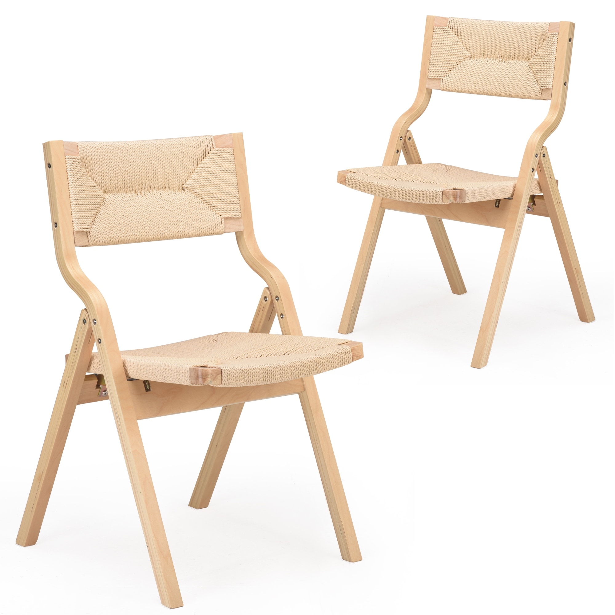 Wood Folding Chairs, Foldable Chairs Wooden Stackable Dining Chairs with Woven Seat & Webbing Back, Dining Chair Set of 2