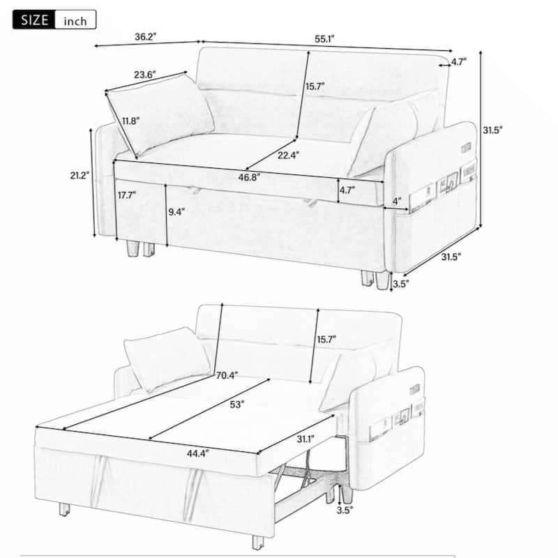 55.1" Pull Out Sleep Sofa Bed Loveseats Sofa Couch with Adjsutable Backrest,Storage Pockets,2 Soft Pillows,USB Ports,Beige