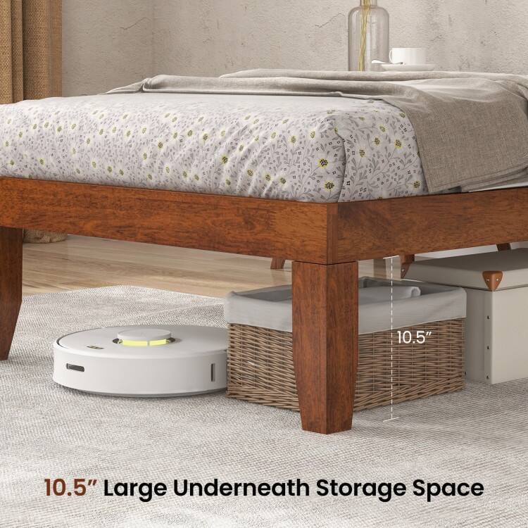 Brown Rubber Wood 14-Inch Twin Size Platform Bed Frame with Wood Slat Support