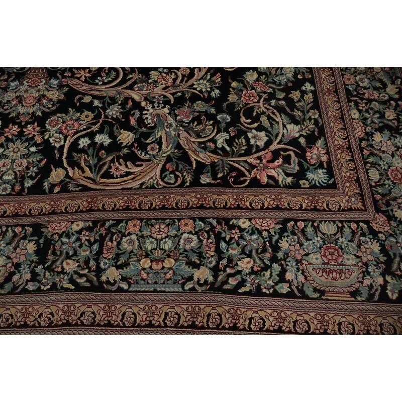 Hand Knotted Oriental 100% Wool Carpet Traditional Floral Black Aubusson Area Rug - 12' 4'' X 9' 0''