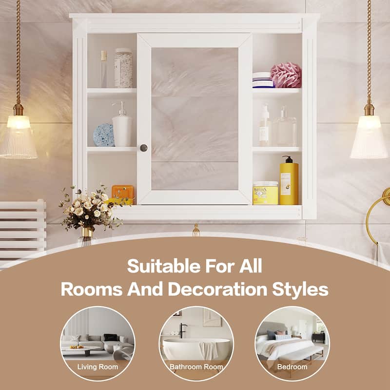 Modern White MDF Wall-Mounted Bathroom Mirror Cabinet with 8 Shelves and Concealed Storage - 35'' x 7.10'' x 28.7''