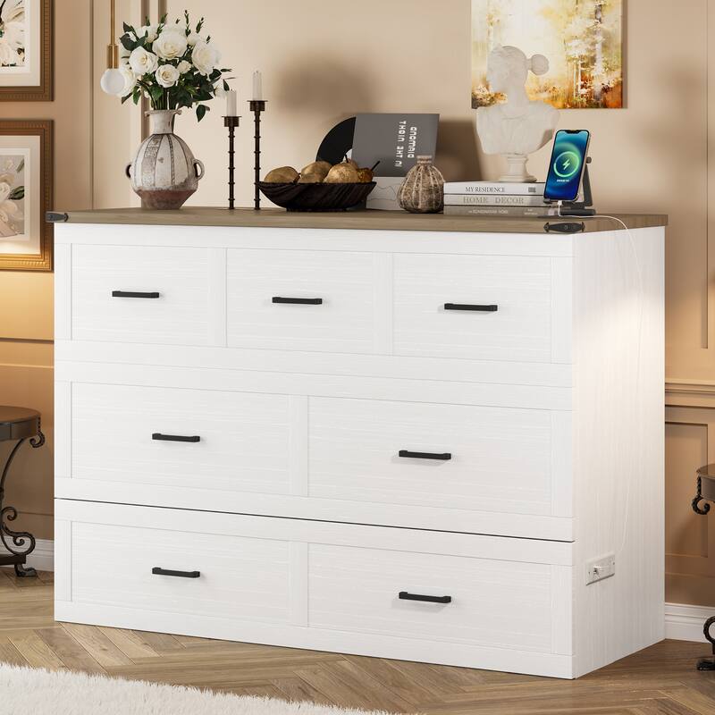 Queen/Full Size Murphy Cabinet Bed - Foldable Platform Bed with Charging Station & Large Storage Drawer