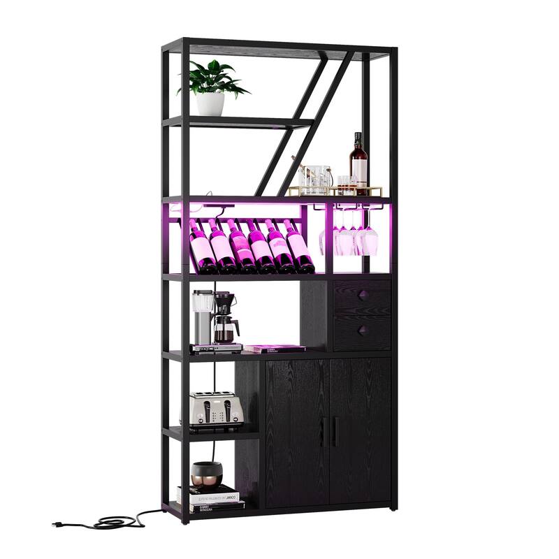 Wine Bar Cabinet with LED Lights, Tall Coffee Bar Station with Power Outlets and Wine Rack