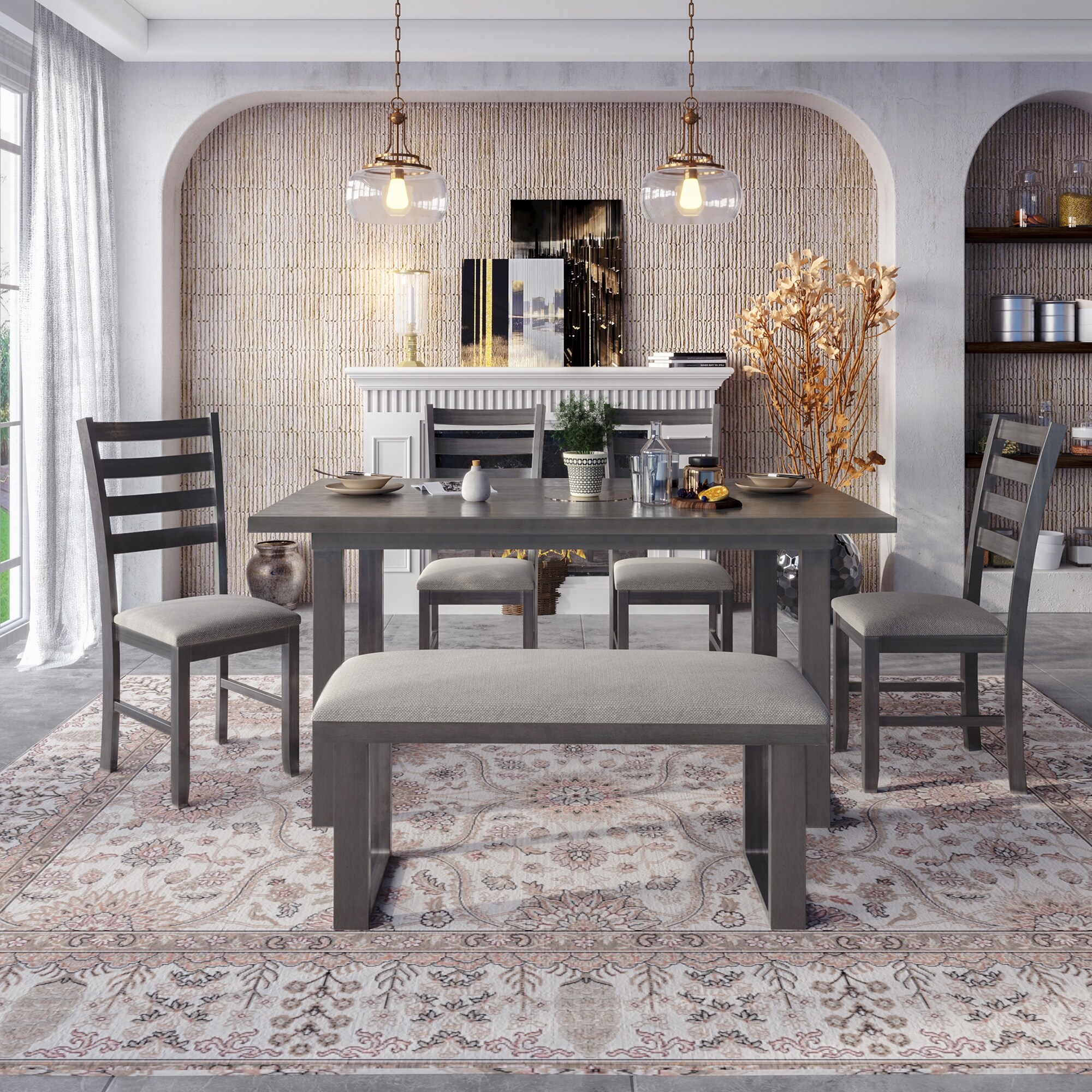 6 Pieces Premium Unique Dining Table Set with 4 Slat Back Chairs Upholstered Bench for Country House City Apartment